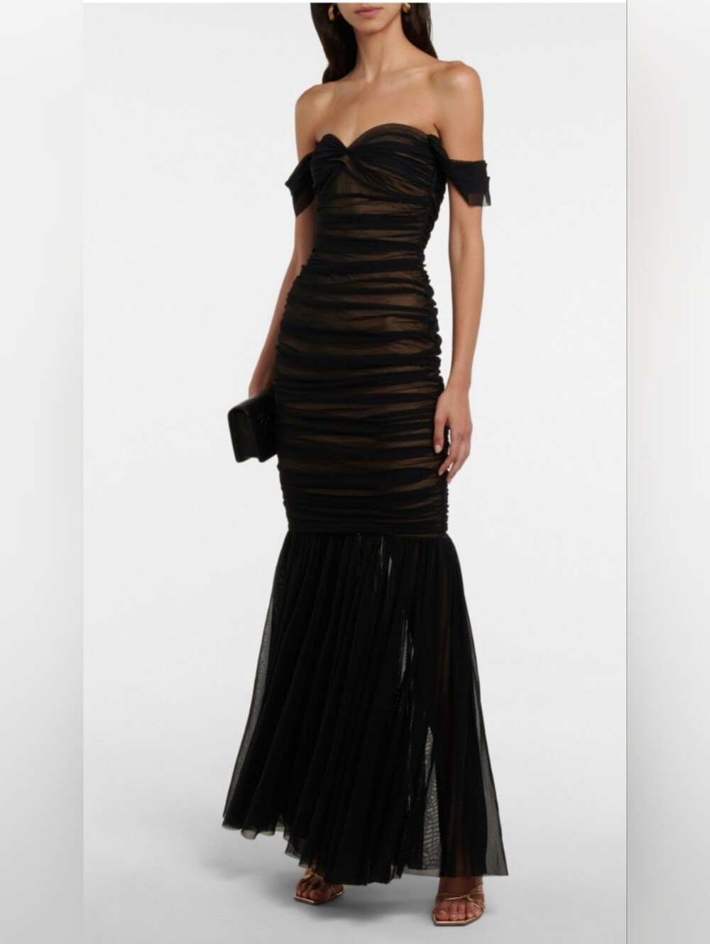 Ruched Sheer Off‑Shoulder Bodycon Dress